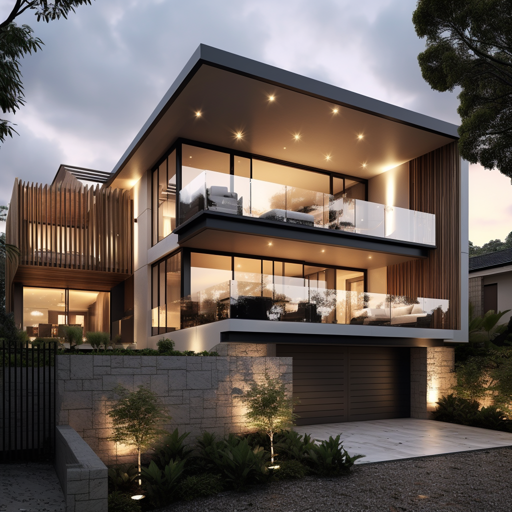 modern luxury home with glass balconies and warm lighting