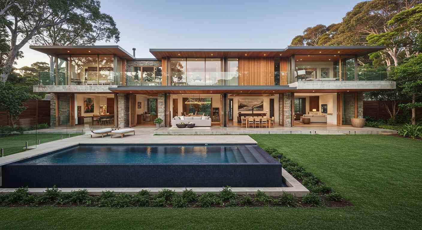 Modern luxury two-storey home with wood and glass façade, outdoor lounge, dining area, and infinity-edge pool.