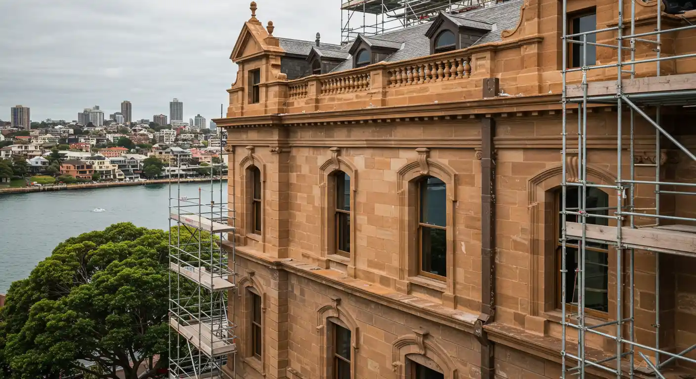 Close-up of a sandstone building with detailed windows and a balcony, showing classic architectural design