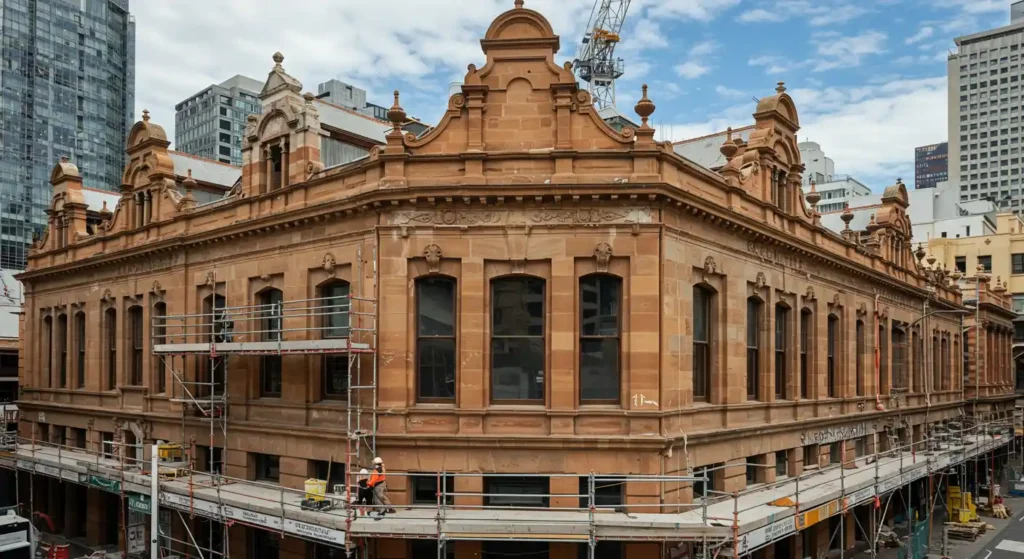 Close-up of a sandstone building with detailed windows and decorative features, scaffolding on the side.