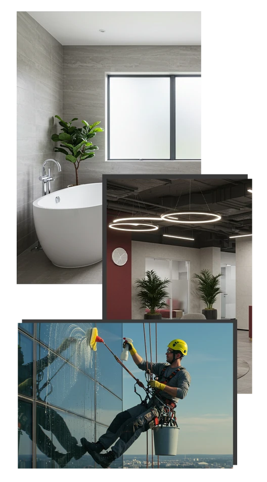 Collage of a bathroom with a bathtub, modern office lighting, and a worker cleaning windows with a squeegee