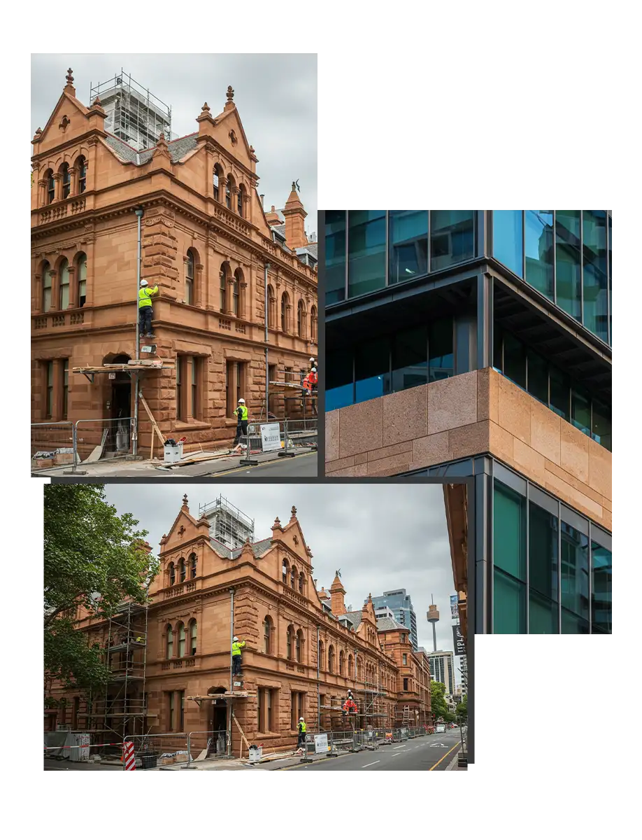 Construction workers on a sandstone building, with modern glass architecture in the background.