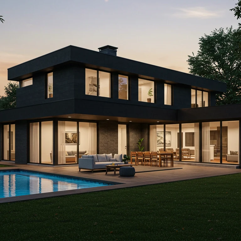 Modern two-story house with large windows, poolside patio furniture, and a well-lit outdoor dining area, captured at sunset.