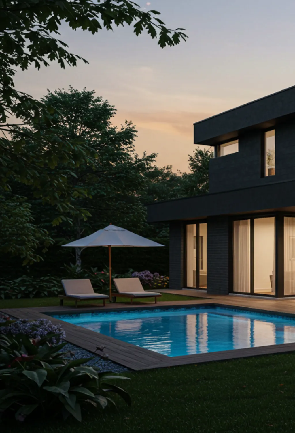 Modern home with a pool, lush green lawn, and stylish outdoor living space, captured during golden hour.