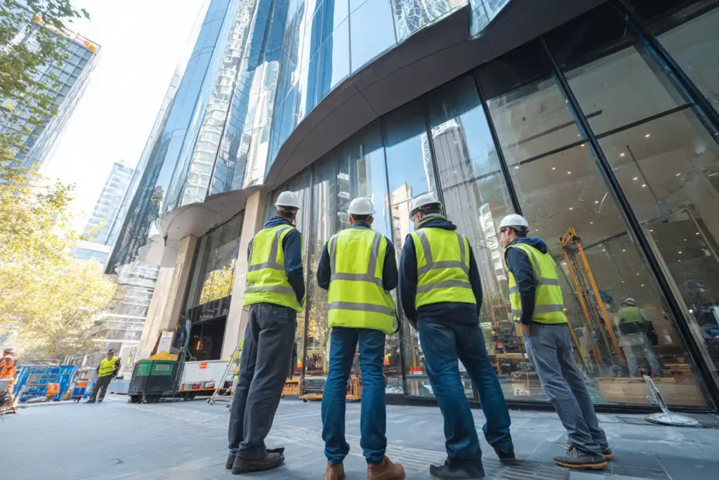 Building maintenance team inspecting exterior of a commercial property in Sydney with tools and safety gear
