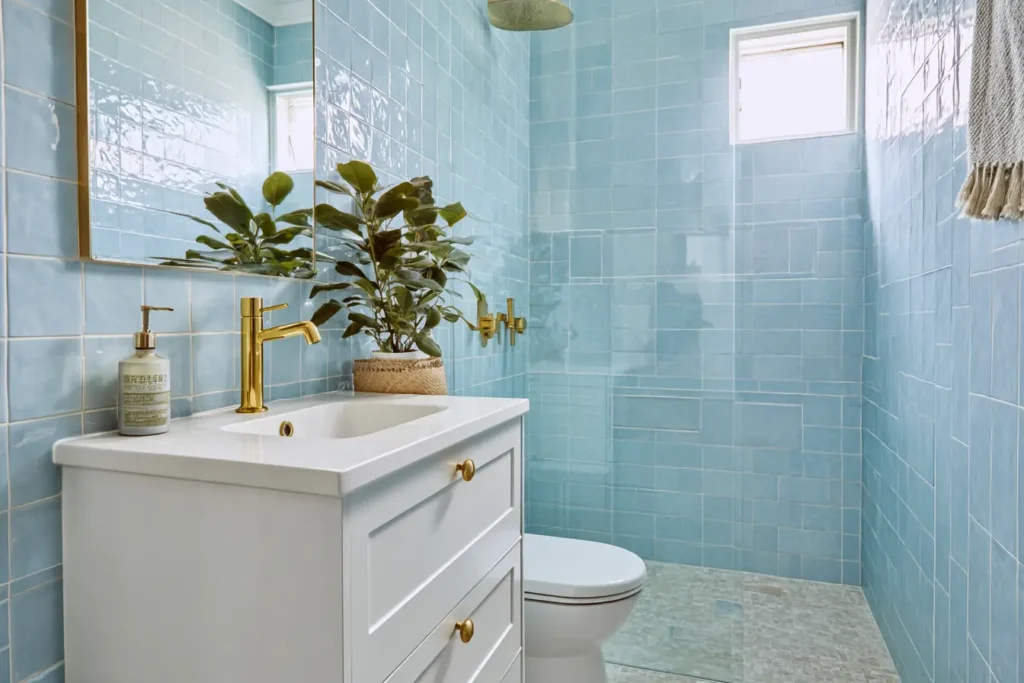 Coastal-style small bathroom with blue tiles, white vanity, and brass fixtures in a Sydney beachside home.