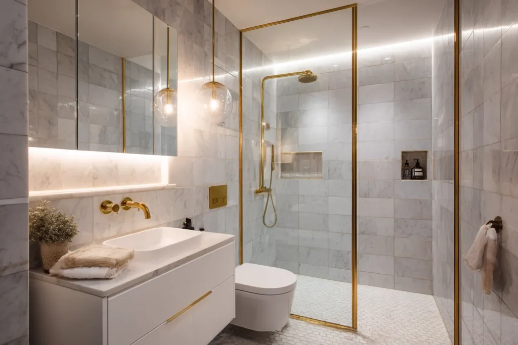 Luxurious small Sydney bathroom with marble tiles, gold fixtures, LED vanity lighting, and rainfall shower.