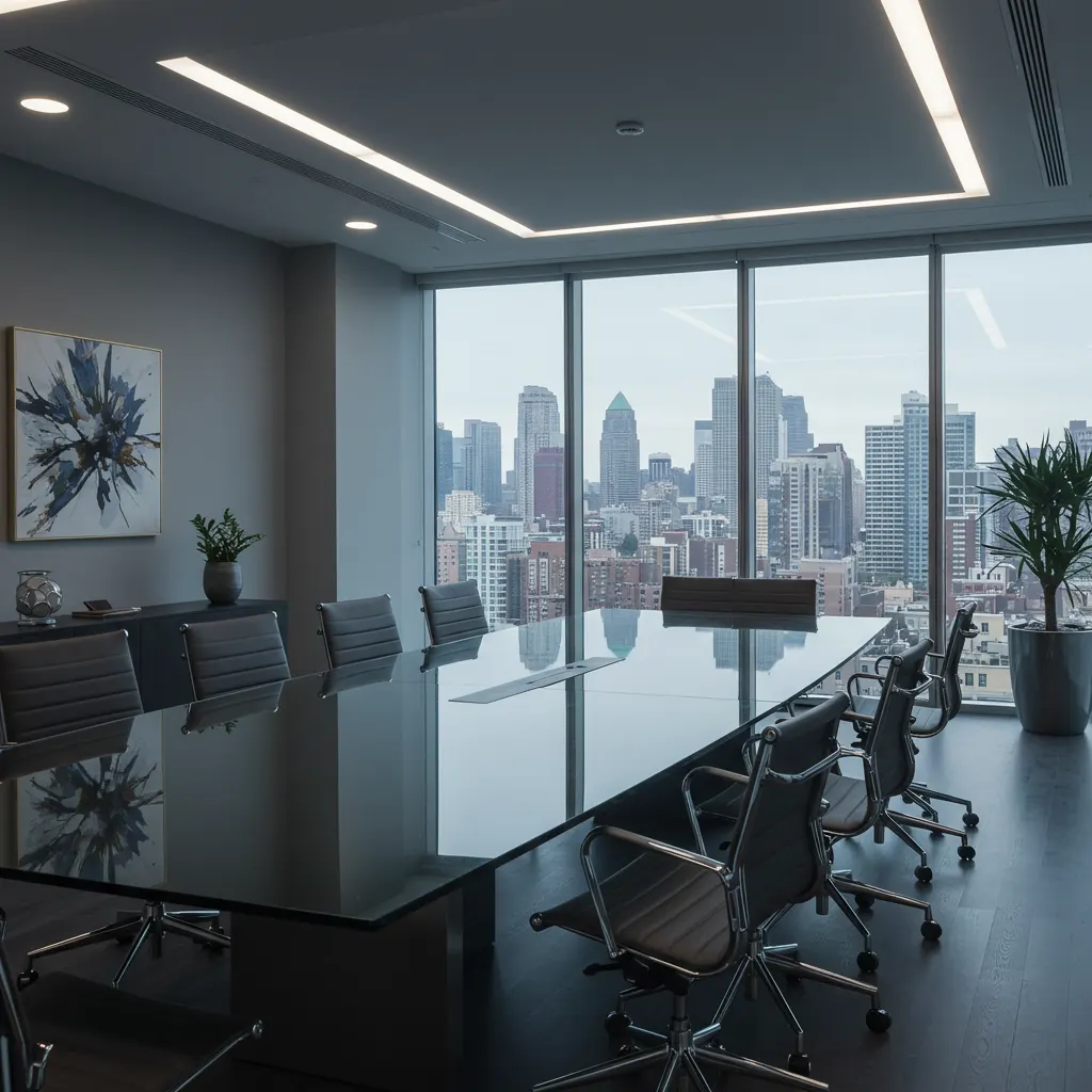 Contemporary office reception in Sydney with warm lighting and a view of the city skyline.