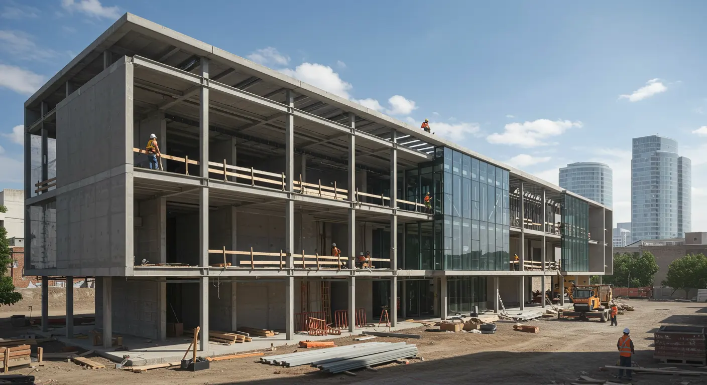 Modern commercial building under construction in Sydney, showcasing advanced architecture and expert craftsmanship.