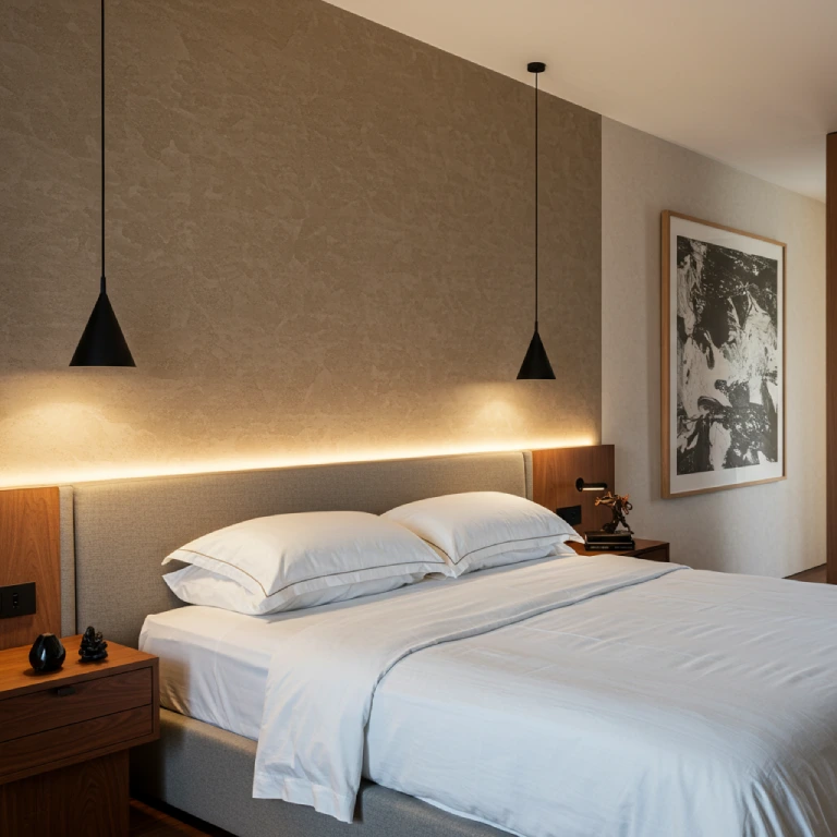 Modern luxury bedroom interior, textured walls, warm indirect lighting