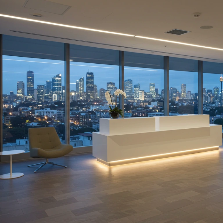 Modern open-plan Sydney office with ergonomic furniture and city skyline views through large windows.