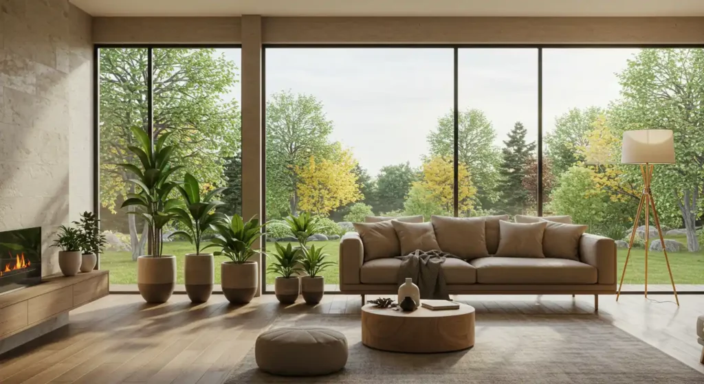 Nature-inspired living room with large windows with example of biophilic design in modern homes