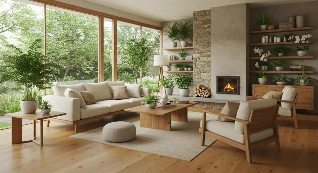 Open-plan living space featuring natural materials reflecting biophilic design principles