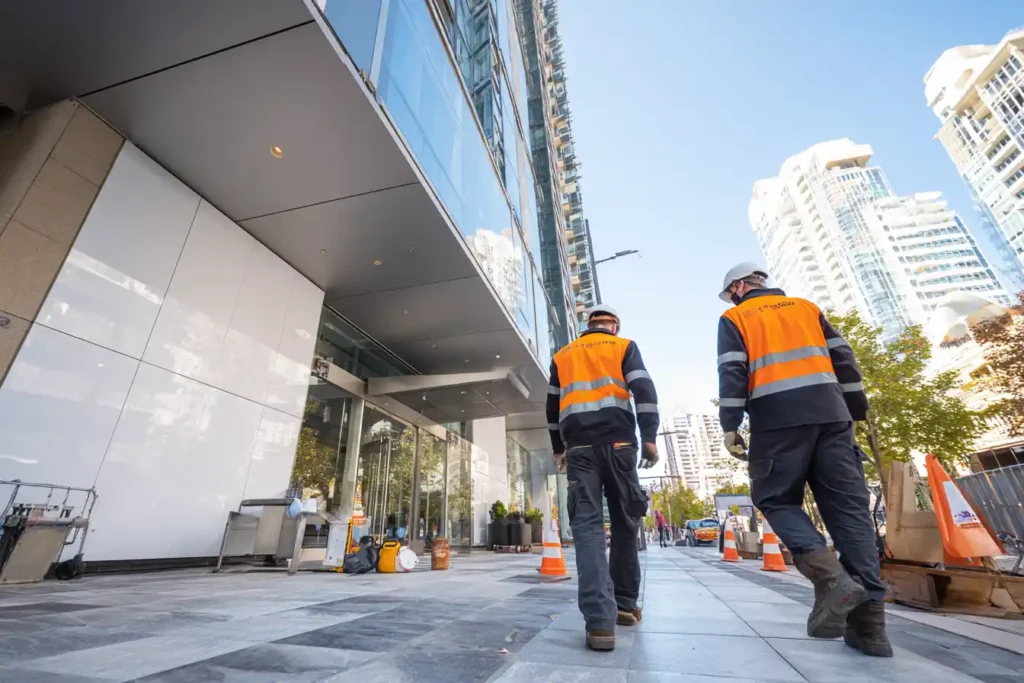 Technician performing indoor maintenance on lighting or HVAC in a modern Sydney office building