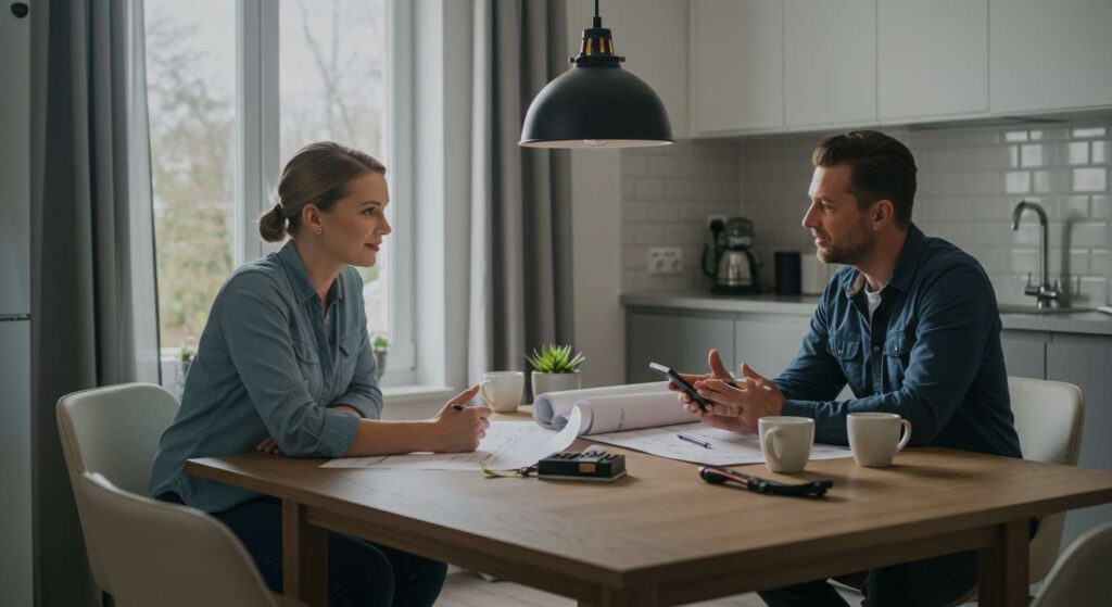 Homeowner interviewing builder over blueprints at table