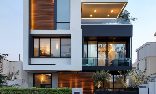 Contemporary architectural house with clean lines, timber accents and glazing