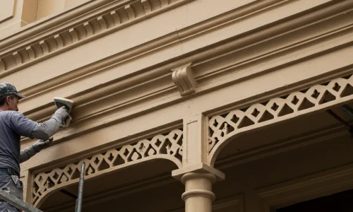 Artisans restoring ornate Victorian cornices and columns on a Sydney heritage site.