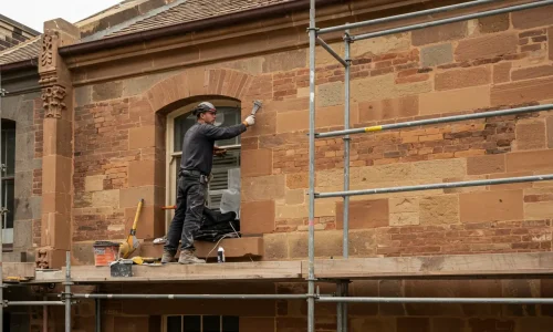 Restoration worker repairing sandstone and brick façade of historic Sydney building.