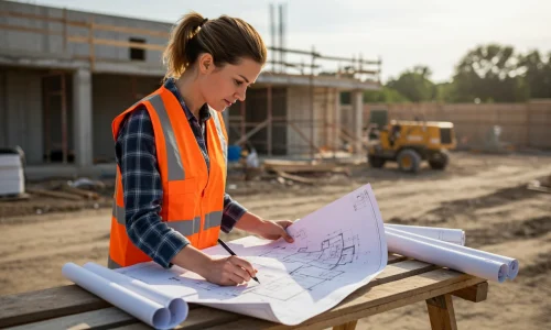 Builders reviewing architectural plans on site for Cabarita construction project.