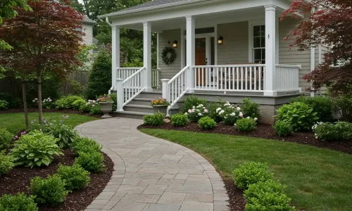 Charming front yard with a curved stone pathway, lush greenery, garden beds, and a cozy porch with white columns.