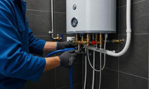 Technician in blue uniform working on a water heater, adjusting pipes and connections.