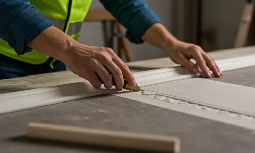 Close-up of contractors applying fine architectural finishes, including custom moldings and premium tiling