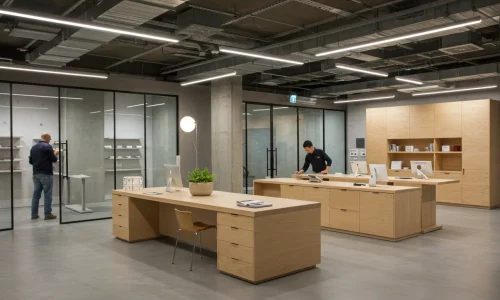 Contractors installing stylish office furniture and custom retail fixtures in a sleek commercial interior.