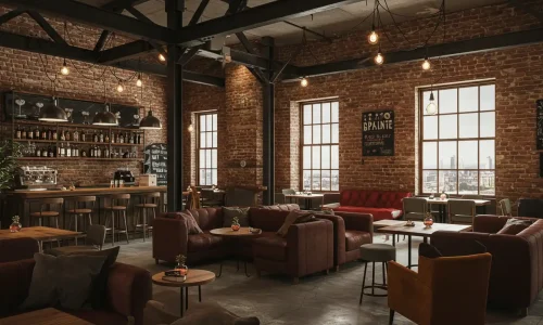Designing a contemporary hospitality space with industrial elements like exposed brick and custom lighting.