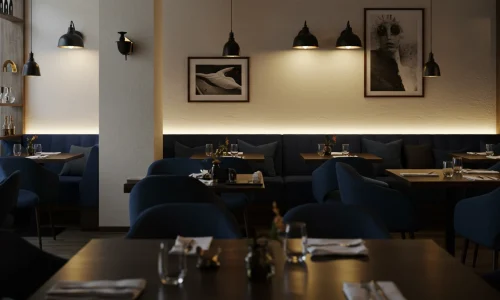 Elegant restaurant interior with warm lighting and contemporary furnishings