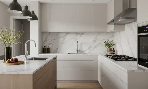 Stylish remodeled kitchen and bathroom with marble finishes and modern appliances in a Sydney home.