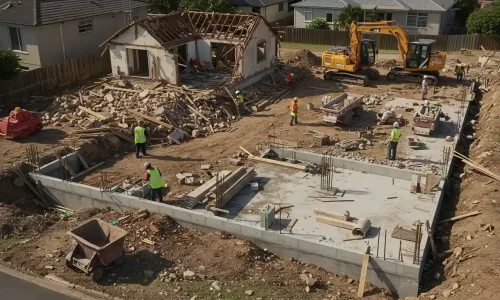 Knockdown and rebuild project in Cabarita with visible demolition and new frame. Knockdown and rebuild project in Cabarita with visible demolition and new frame.