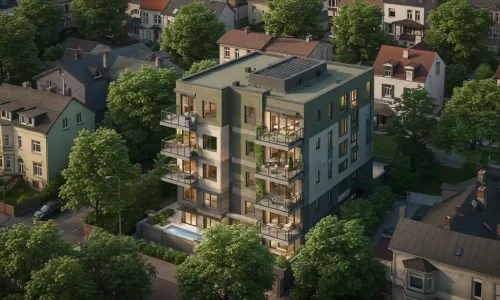 Modern apartment building with balconies, plants, and large windows, surrounded by trees and natural light. Modern apartment building with balconies, plants, and large windows, surrounded by trees and natural light.