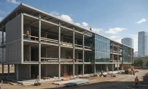 Modern commercial building under construction in Sydney, showcasing advanced architecture and expert craftsmanship.