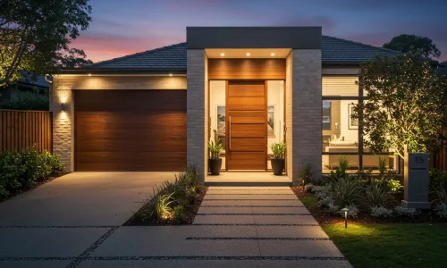 Modern home entrance with a wooden door, large glass panels, and stylish planters on either side, illuminated with soft lighting.