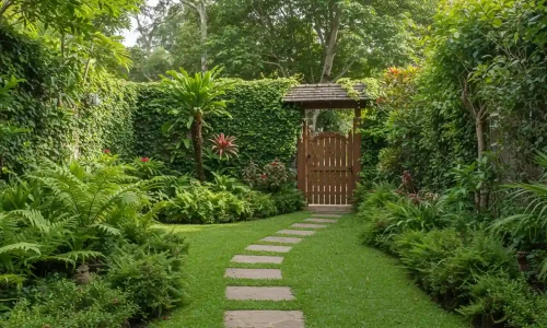 Private garden with wooden gate, stone pathway, tropical plants, and ivy-covered walls.