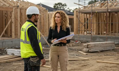 Construction project manager consulting with team at residential site in Sydney