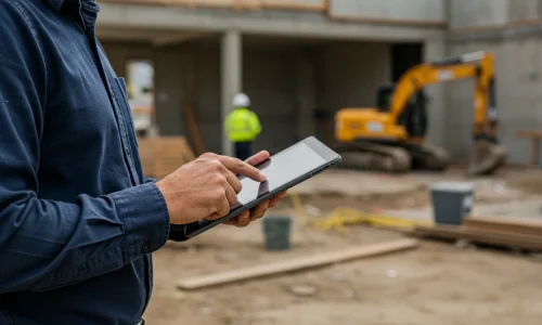 Project manager at Cabarita construction site reviewing progress with tablet. Project manager at Cabarita construction site reviewing progress with tablet.