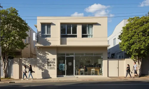 Realistic photo of a small commercial building in Cabarita, taken with a phone.