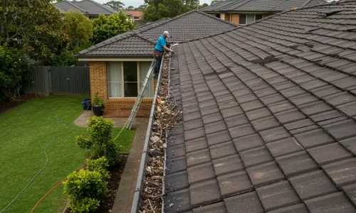 Roof maintenance with a worker cleaning the gutter while using a ladder, with debris visible on the roof