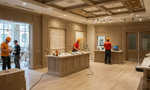 Skilled workers renovating a commercial space, focusing on modern finishes and architectural upgrades