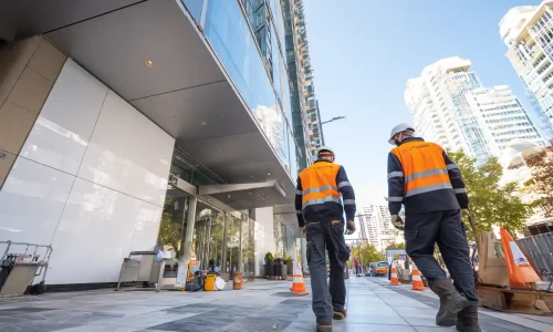 Technician performing indoor maintenance on lighting or HVAC in a modern Sydney office building