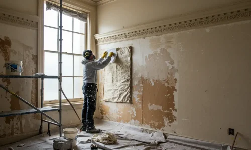 Conservators fixing water-damaged plaster walls in a heritage Sydney building.