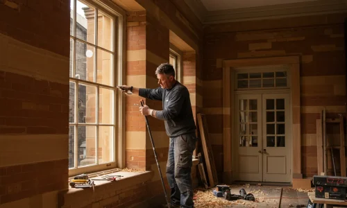 Craftsman repairing timber sash window and heritage doors of old Sydney building.