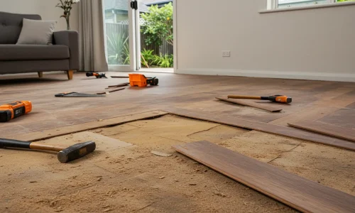 Wooden floor installation in progress with planks and tools visible, door opening to the outdoors.