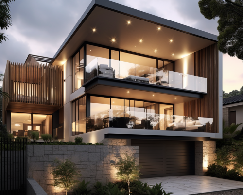 modern luxury home with glass balconies and warm lighting